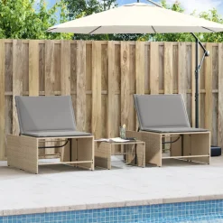 MAISON EXCLUSIVE - Chaises longues 2 pièces avec table en résine tressée beige