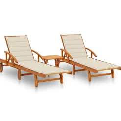 MAISON EXCLUSIVE - Chaises longues lot de 2 avec table et coussins acacia solide