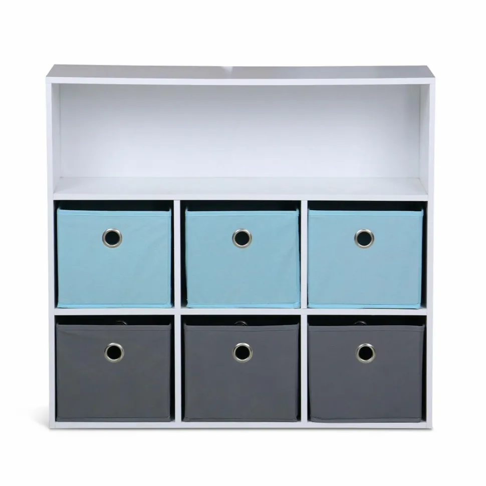 Meuble de rangement pour enfant. Blanc - camille - avec 7 compartiments et 6 paniers gris et bleus
