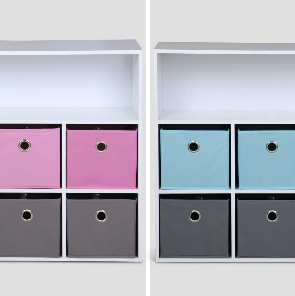 Meuble de rangement pour enfant. Blanc - camille - avec 7 compartiments et 6 paniers gris et bleus