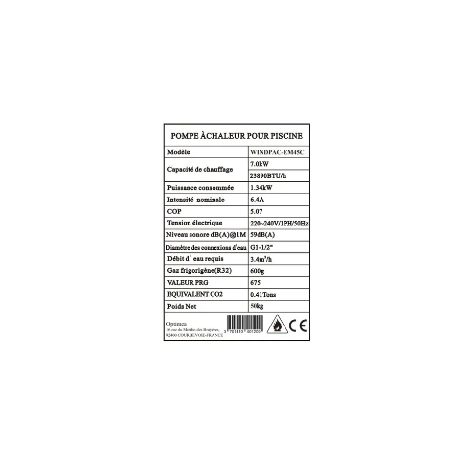 Optimea pompes à chaleur piscine monophasé 7000w - windpac-em45c