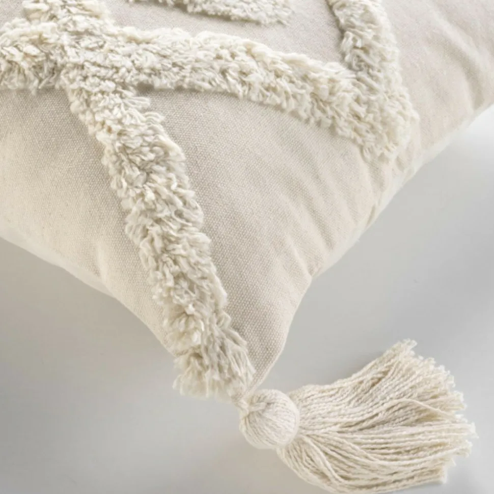 PARIS PRIX - Coussin déco tufté à pompons "inca" 30x50cm beige
