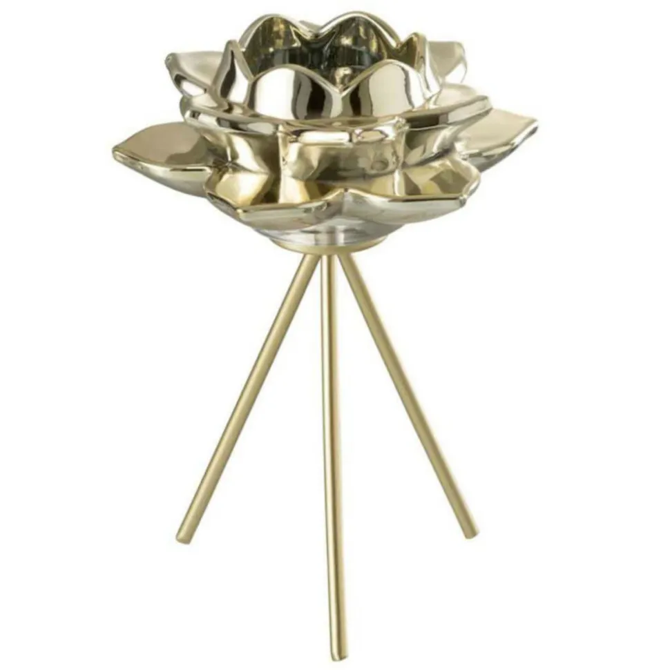 PARIS PRIX - Photophore sur pied "fleur verre" 21cm or