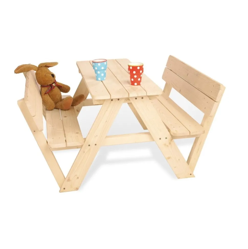 PINOLINO - Table en bois naturel 4 places avec bancs et dossier nicky