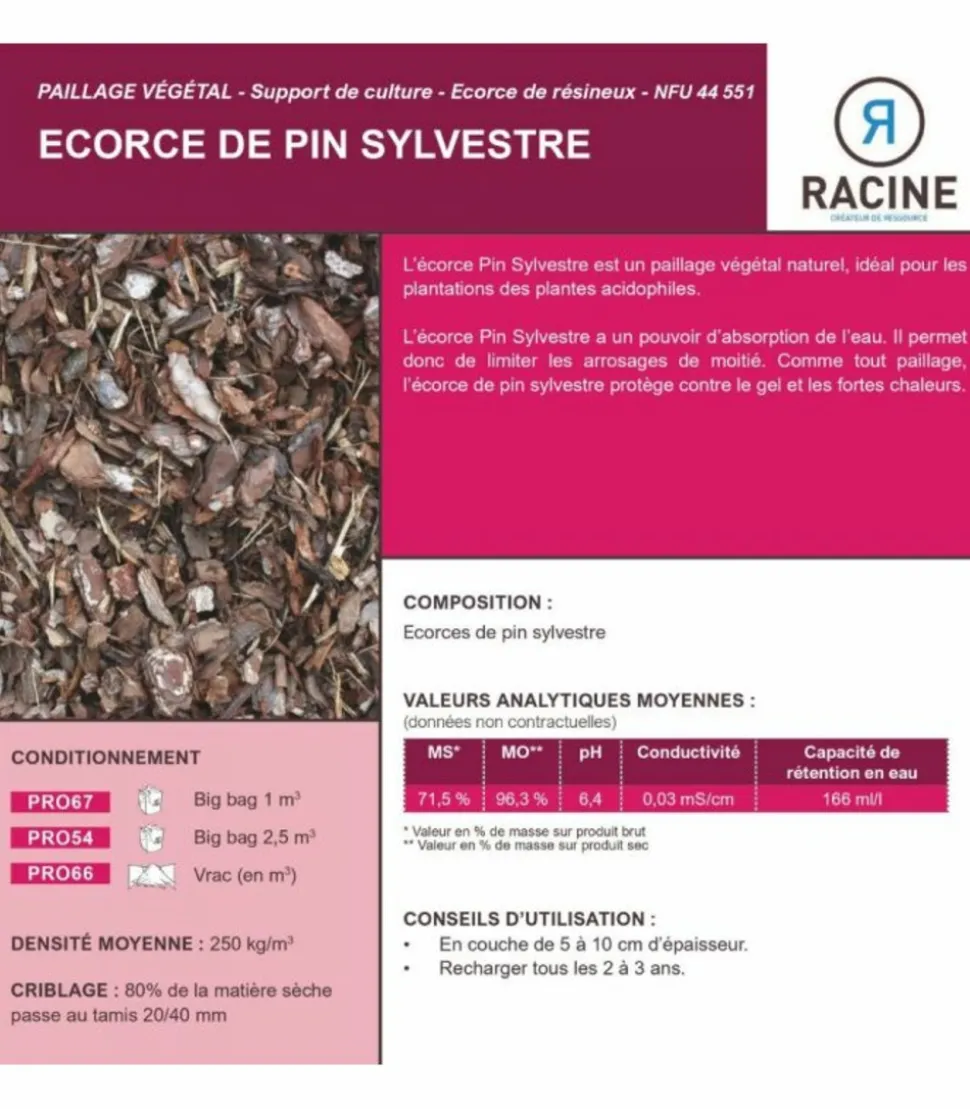 RACINE - Paillage écorce de pin sylvestre 20/40mm, big bag 1m3 - pro67