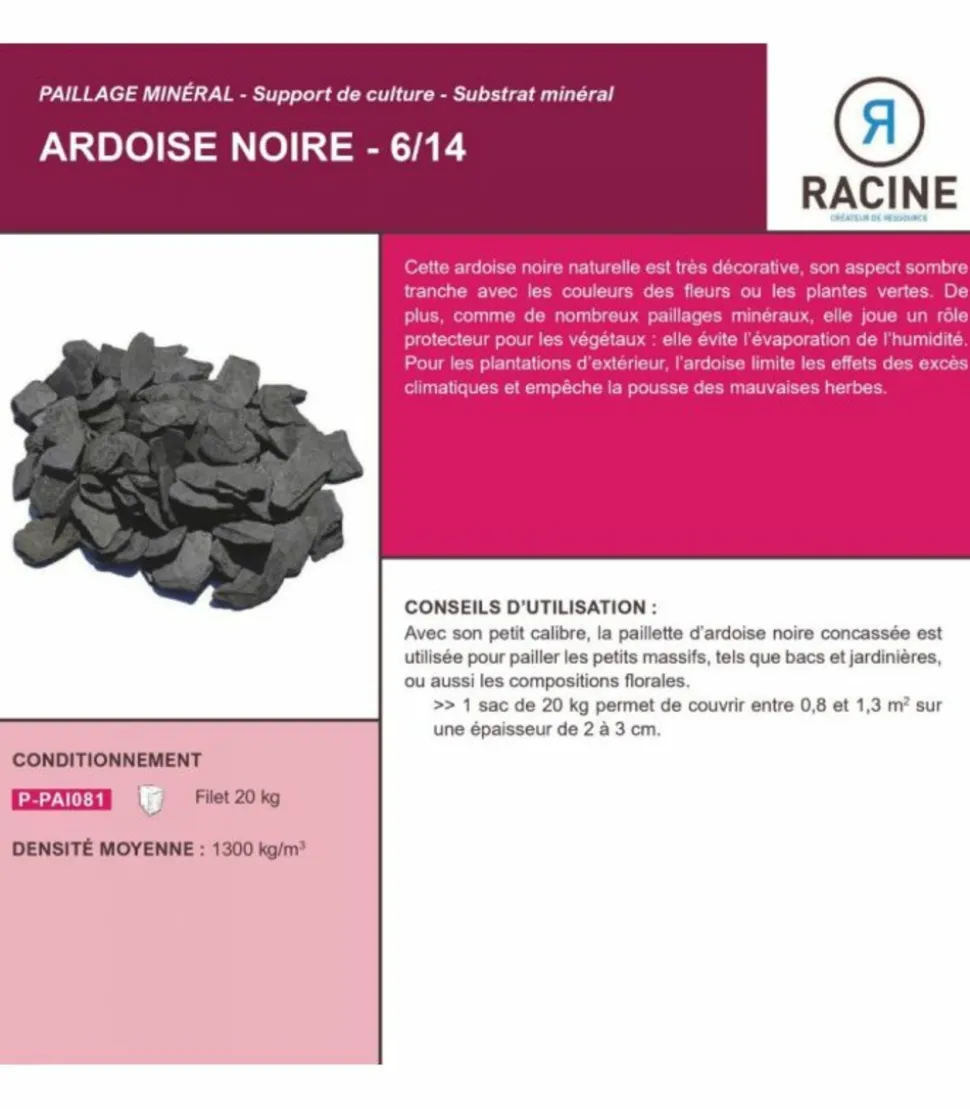 RACINE - Paillage minéral ardoise noire 6/14mm, filet 20 kg - f-pai081