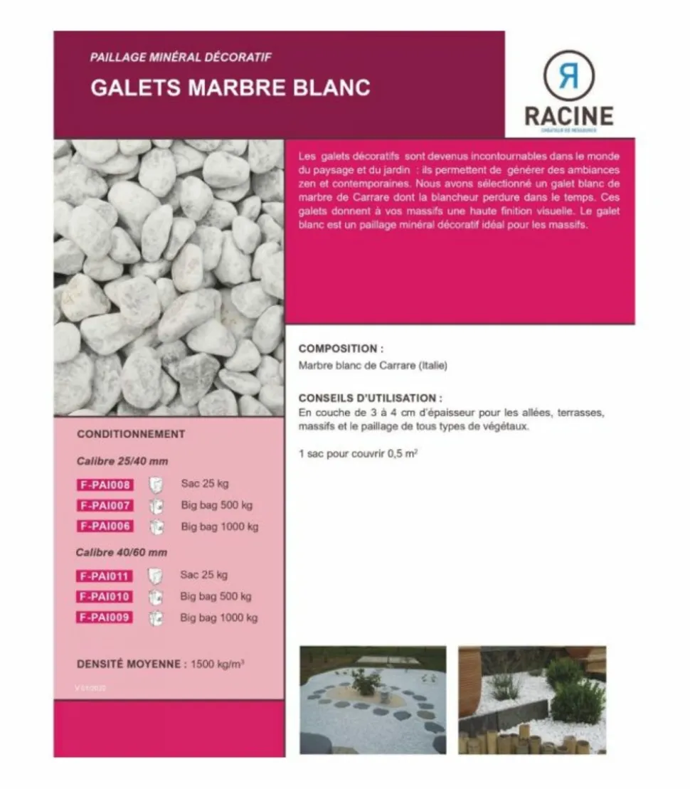 RACINE - Paillage minéral galet marbre blanc carrare 40-60mm, sac 25 kg - f-pai011