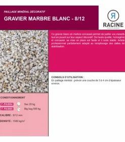 RACINE - Paillage minéral gravier marbre blanc 8-12mm, 10 sacs de 20 kg - f-pai064-10x20