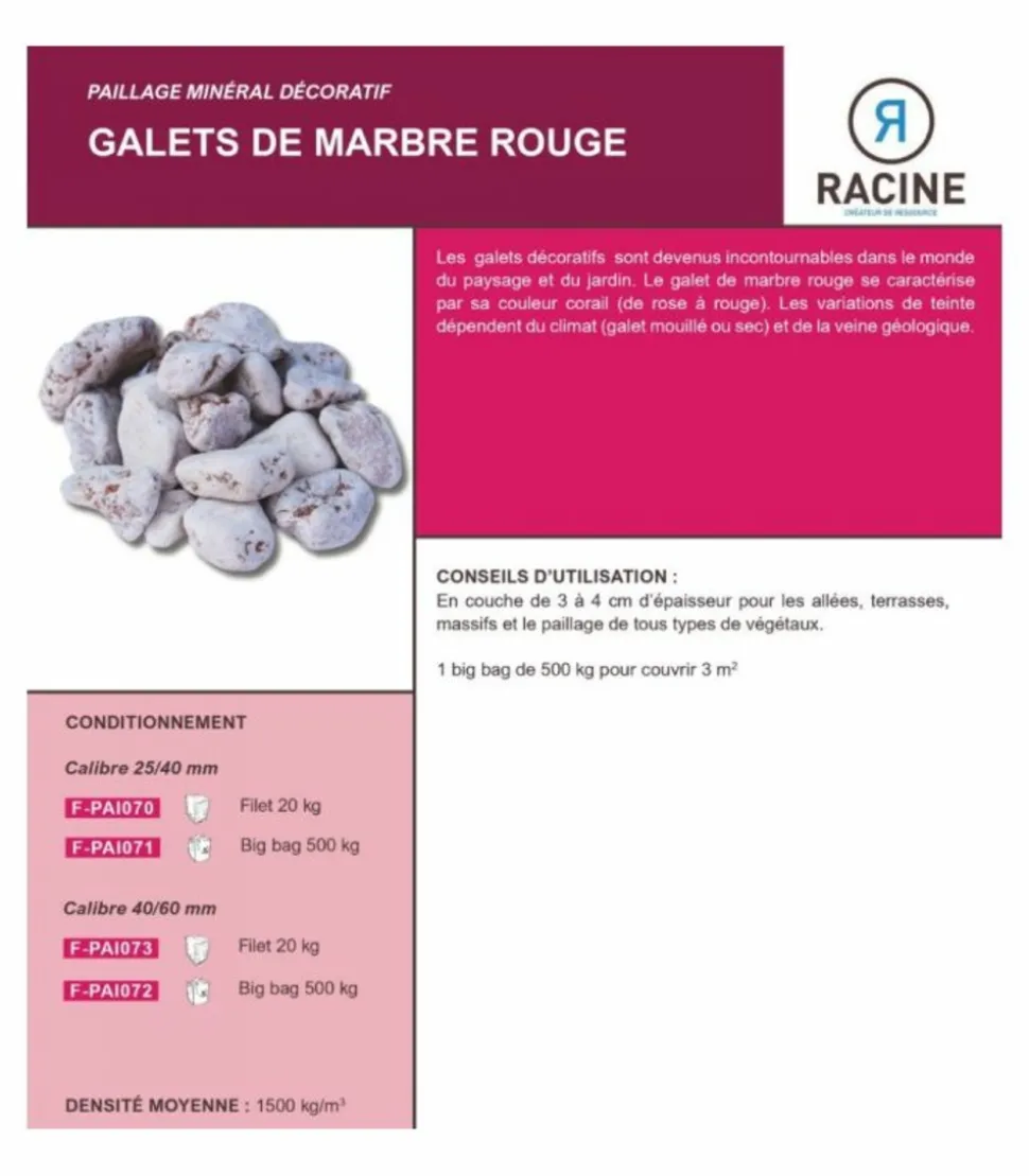 RACINE - Paillage minéral galet marbre rouge 25-40mm, 10 sacs de 20 kg - f-pai070-10x20
