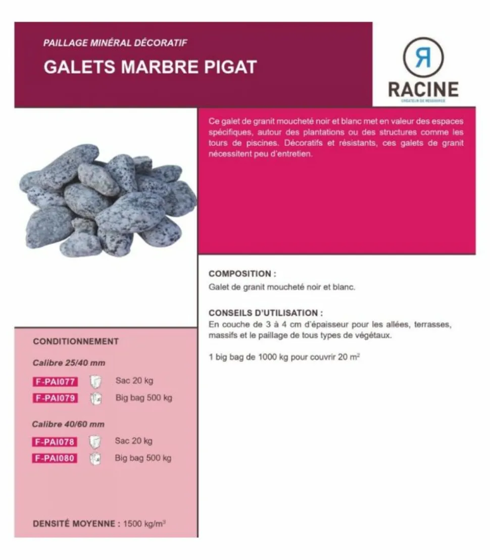 RACINE - Paillage minéral galet marbre pigat 40-60mm, big bag 500 kg - f-pai080