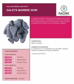 RACINE - Paillage minéral galet marbre noir 40-60mm, filet de 20kg - f-pai069