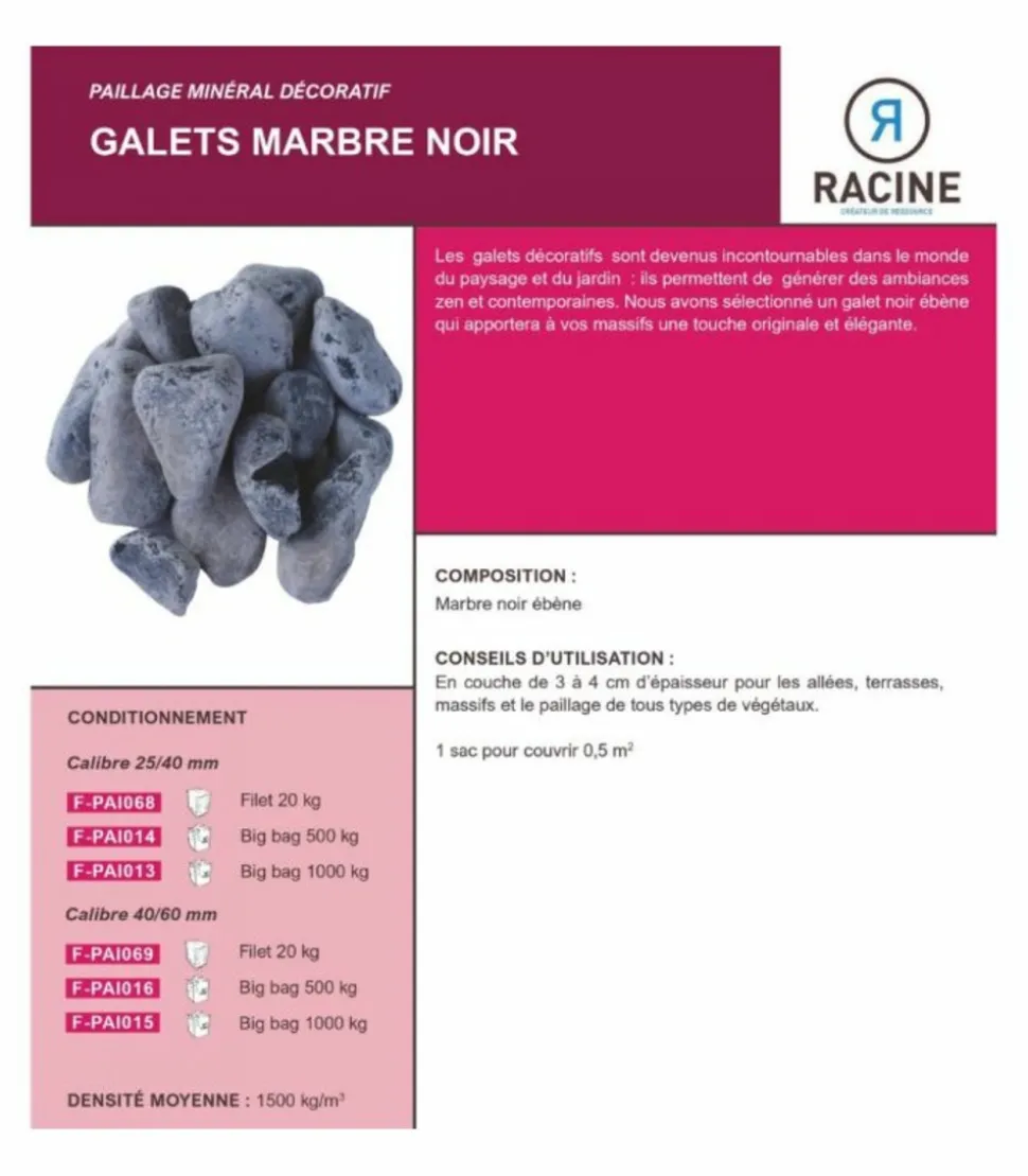 RACINE - Paillage minéral galet marbre noir 24-40mm, big bag 500 kg - f-pai014