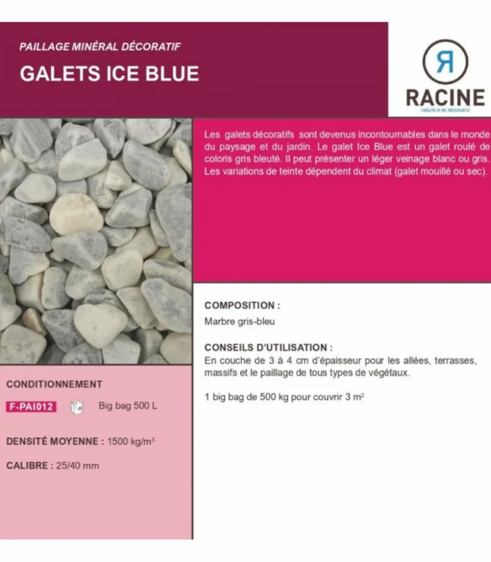 RACINE - Paillage minéral galet marbre ice blue 25-40mm, big bag 500 kg - f-pai012
