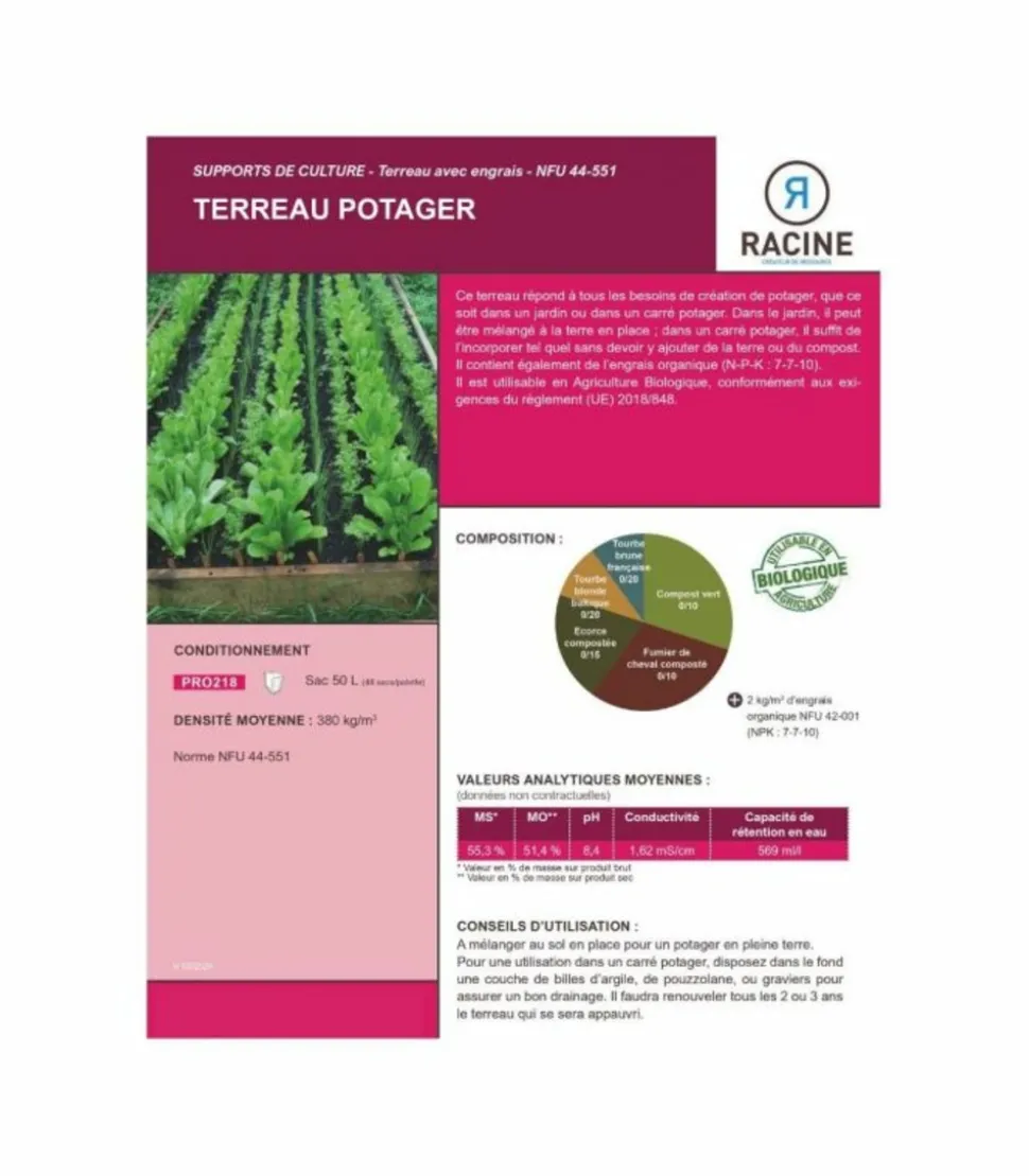 RACINE - Terreau potager, 48 sacs de 50l - pro218-48x50