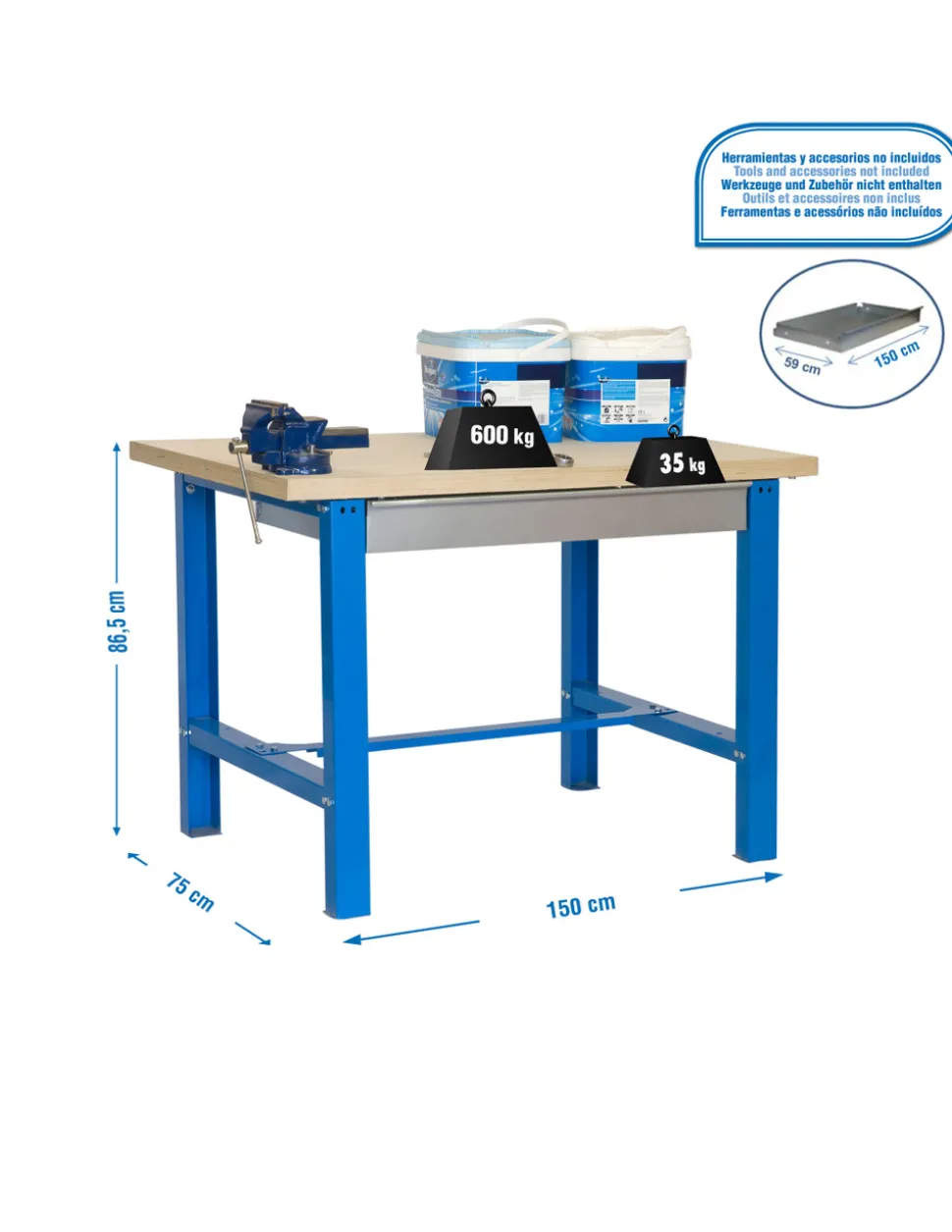 SIMONRACK - Etabli simonwork bt6l mdf 1box 1500x750 bleu/bois - 865x1500x750 600kg - simonrack