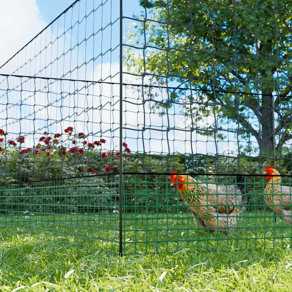 SWEEEK - Kit filet clôtures pour poules 50m avec 14 piquets double pointes. Modulable. Porte d'accès. Sardines incluses