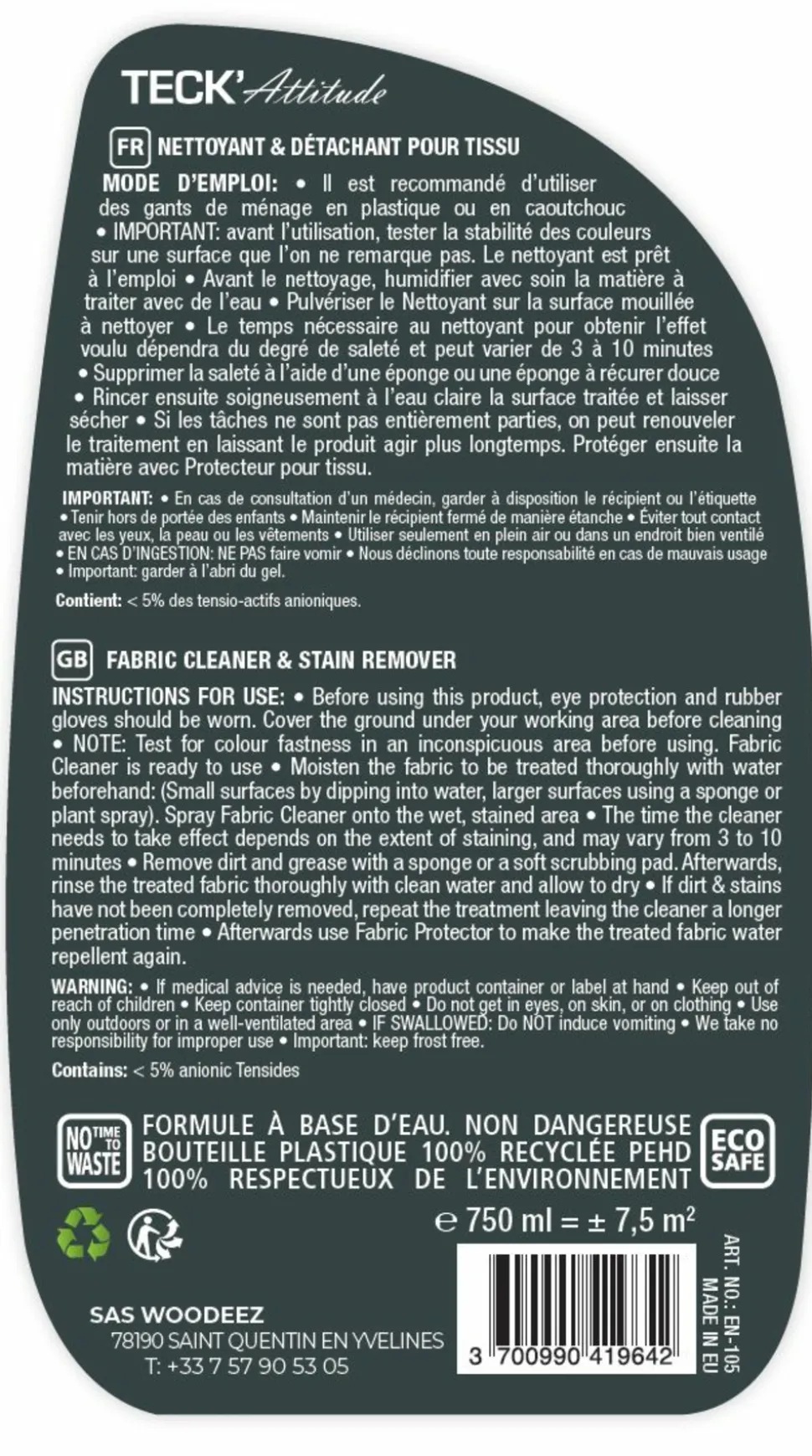 TECK'ATTITUDE - Nettoyant pour tissus 750 ml