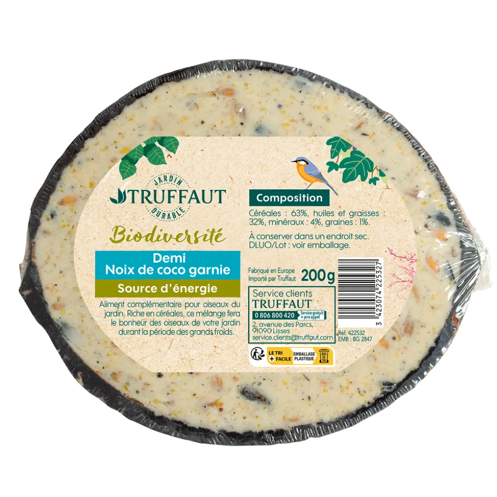 TRUFFAUT BIODIVERSITÉ - Boule de graisse noix de coco pour oiseaux du jardin - 200 g