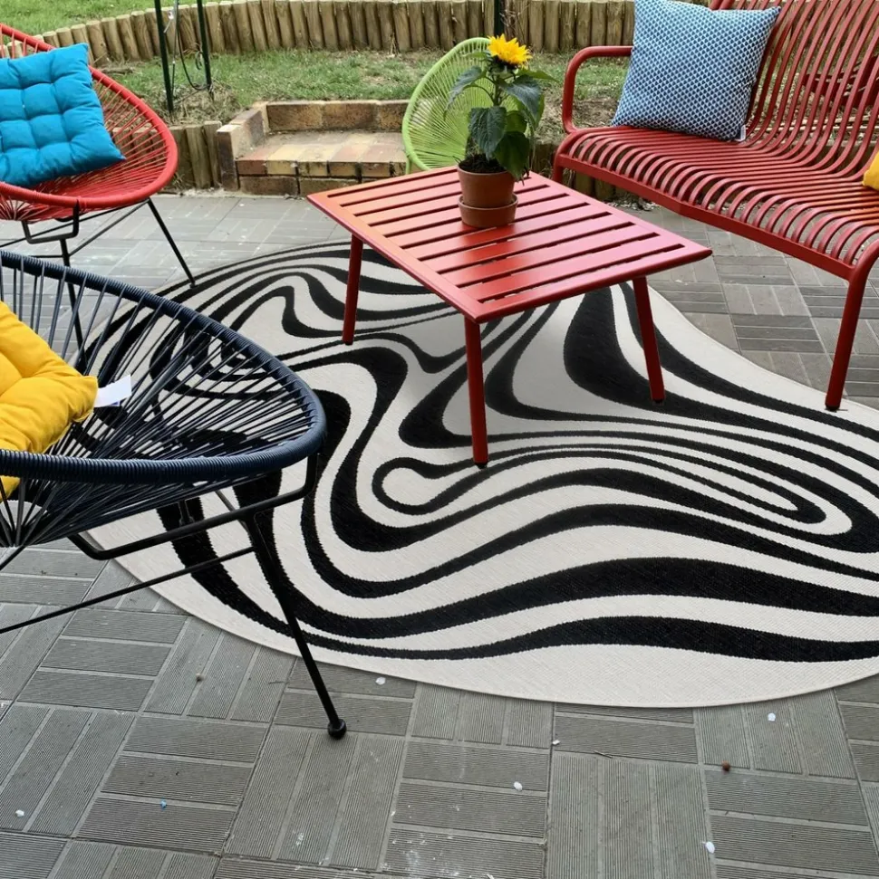 UNAMOURDETAPIS - Tapis rond d'extérieur, kilim reversible 160x230 al reversible noir et blanc