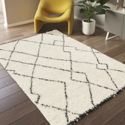 UNAMOURDETAPIS - Tapis shaggy 80x150 rectangle tissé noir et crème motif berbère croma 12