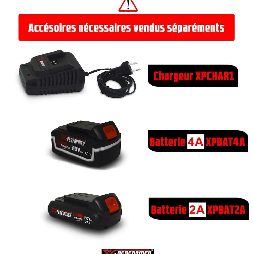 X-PERFORMER - Tronçonneuse 20v à batterie x-performer xptr20li - long. De coupe : 260 mm - sans batterie ni chargeur