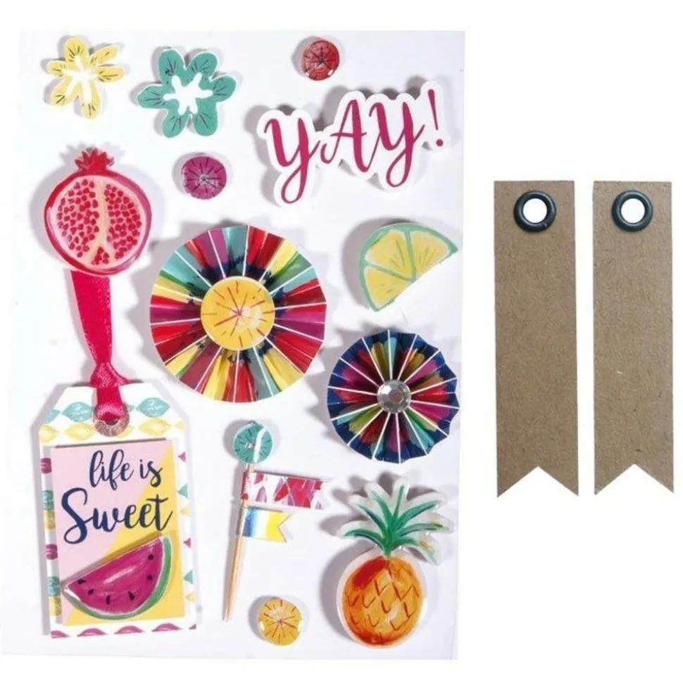 YOUDOIT - 13 stickers 3d summer party + 20 étiquettes kraft fanion